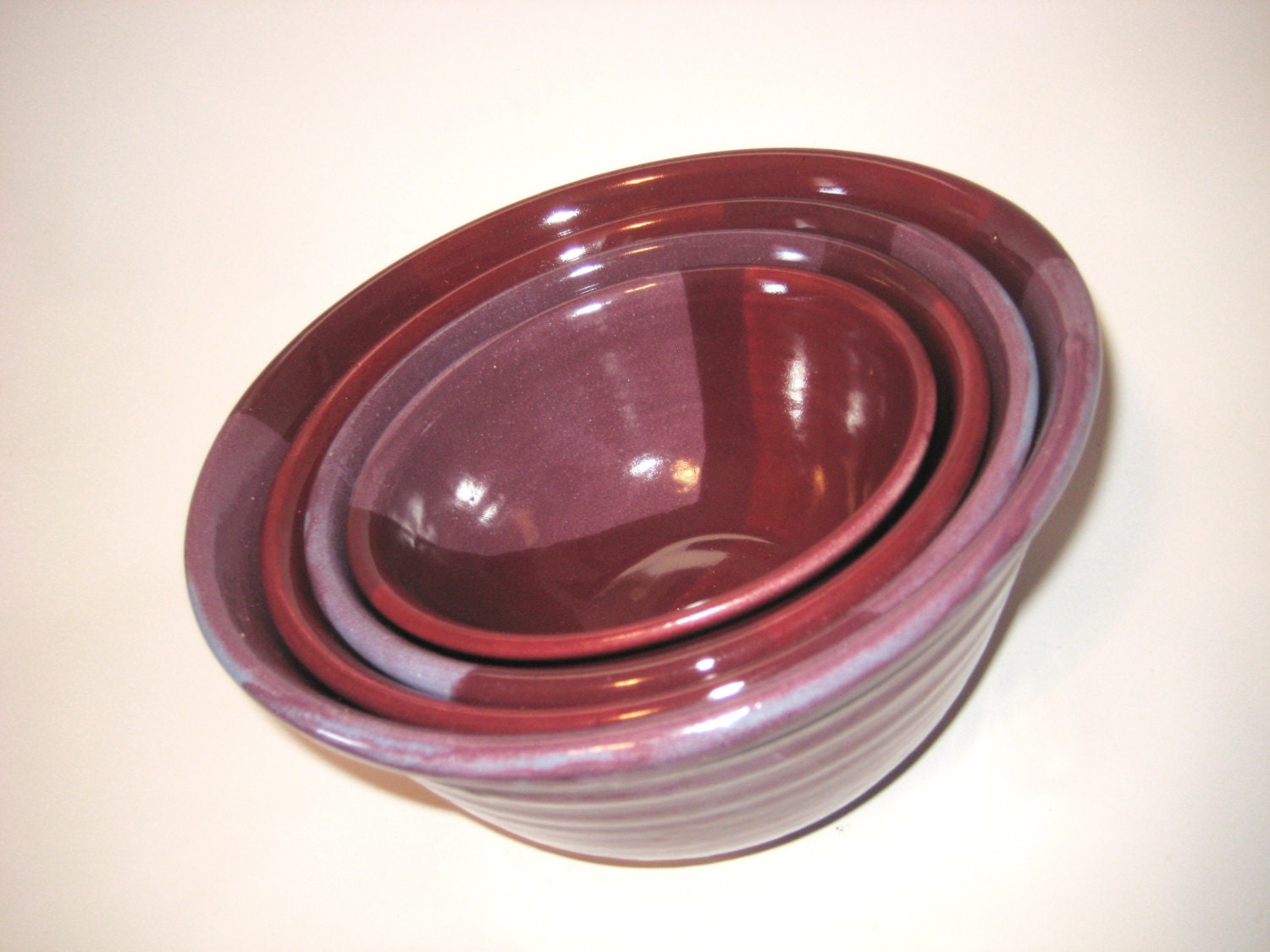 Stack Serving Bowls - Nesting Stackable Mixing Set - Handmade Pottery in Burgandy Purple Lavendar Sky