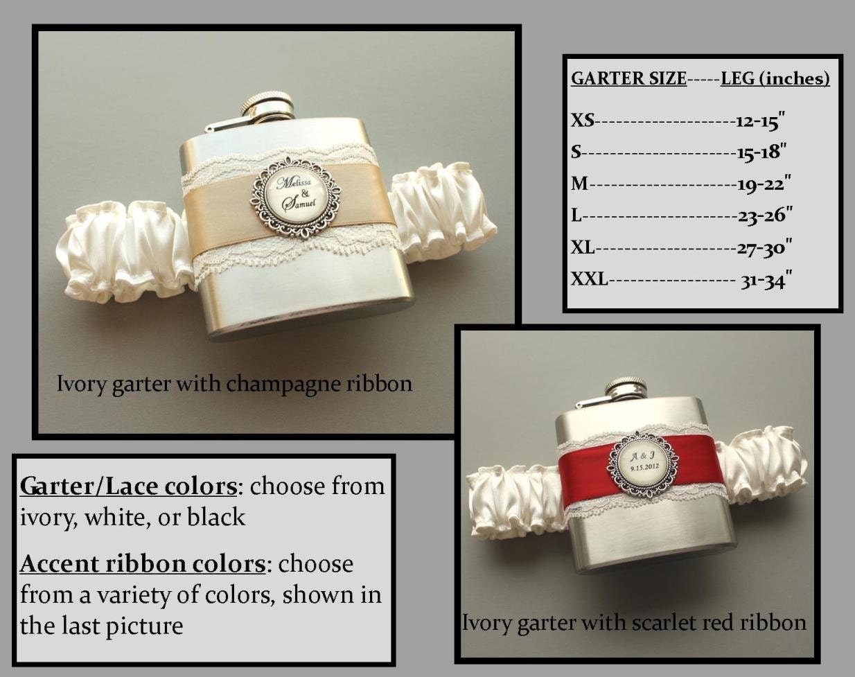 Five (5) Personalized Flask Garters: Bridal Party Gift Set - Choose Your Colors