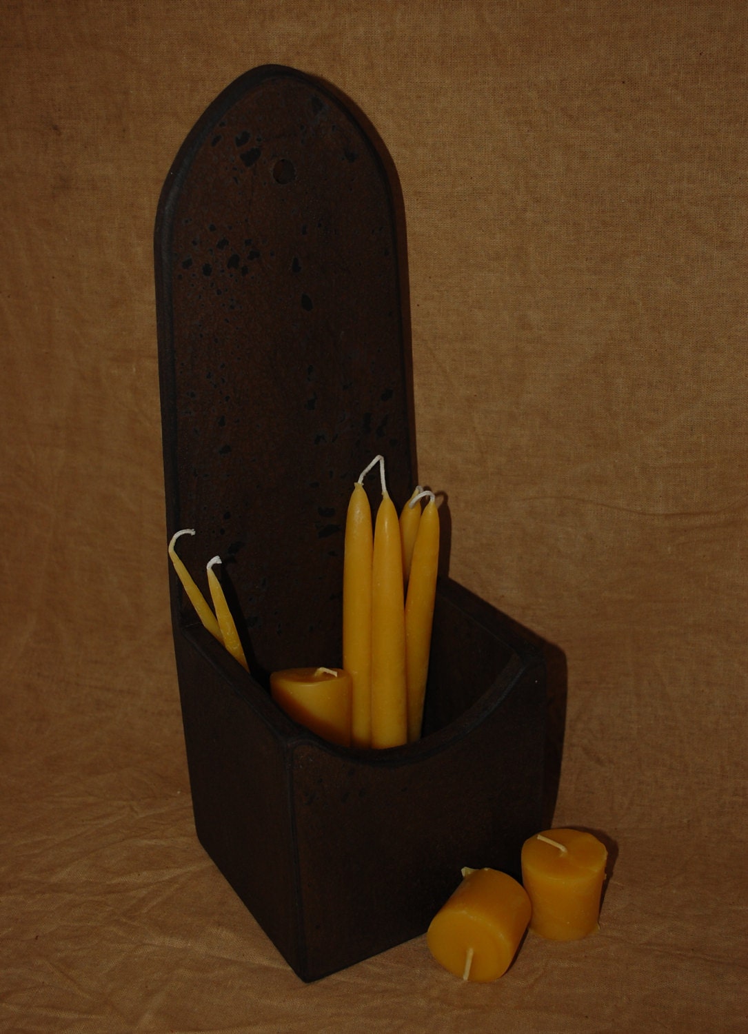 BEESWAX candle set of 12 INCLUDING wooden primitive holder