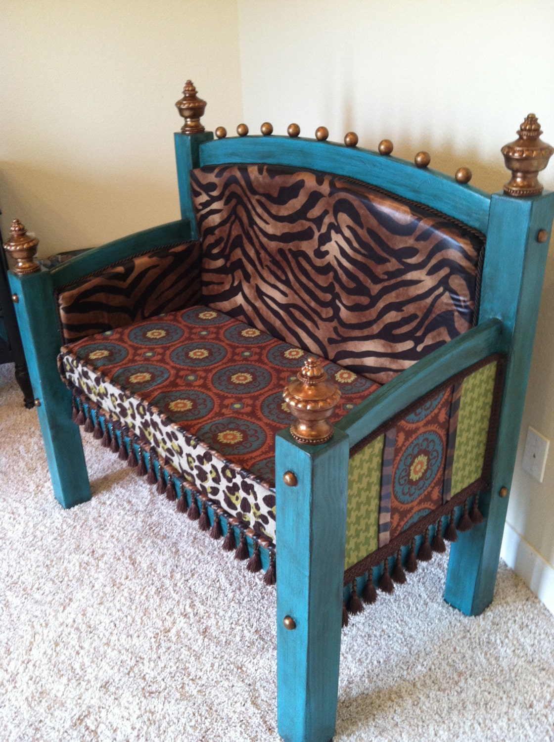 Whimsical Headboard Footboard Bench Upholstered Suzani Animal Print Houndstooth