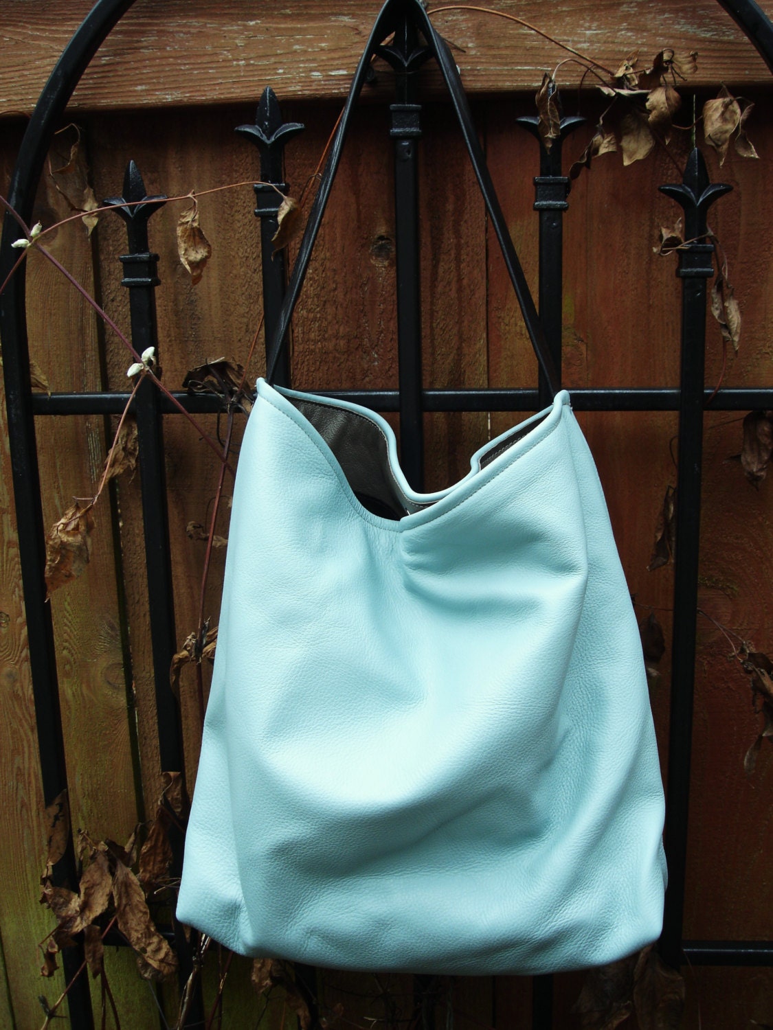 Large Sky Blue Tiffany Box Blue Leather with wide black leather strap Tote Bag handbag