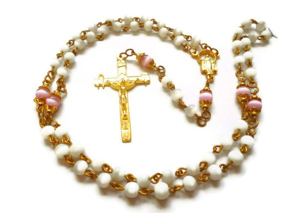 Cats Eye Rosary- White and Pink