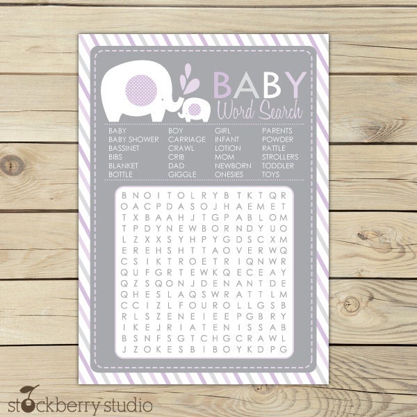 Elephant Baby Shower Purple & Gray Printable Word Search Game - Instant Download Il_570xn