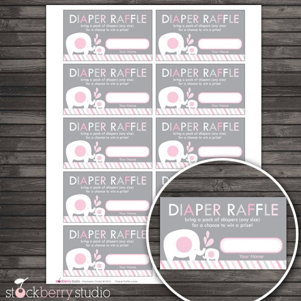 Pink and Gray Elephant Baby Shower Diaper Raffle Tickets - Instant Download