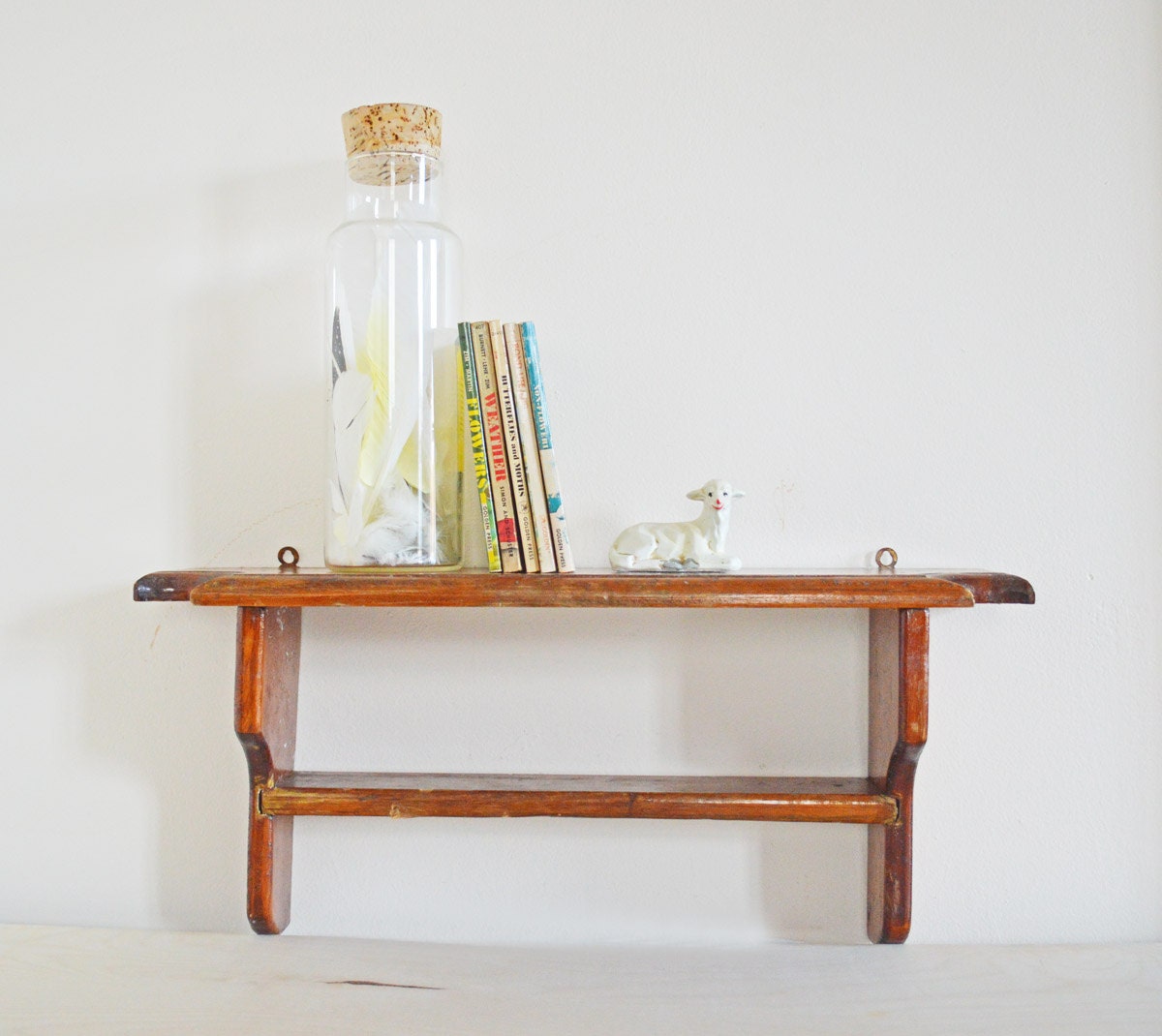 Vintage Rustic Wood Shelf Two Tier Wall Shelf Wall Decor Primitive Country Cottage Brown