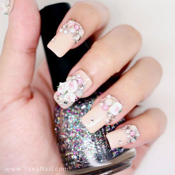 Japanese 3D Nail Art, Press On Nails, False Nails - Little White Flower & rhinestones with nude color polish (T108K)