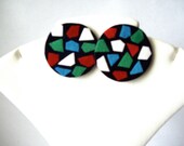 Eco Friendly Turquoise, Green & Red Graphic Mosaic Earring Studs