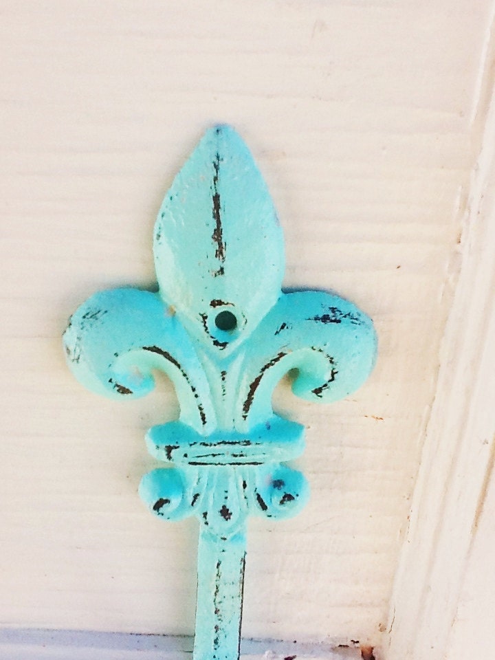 Aquamarine Wall Hook - Cast Iron - Vintage Inspired - Rustic Fleur De Lis -Metal Wall Decor-Petite Dainty-Disressed Chippy-French Decor