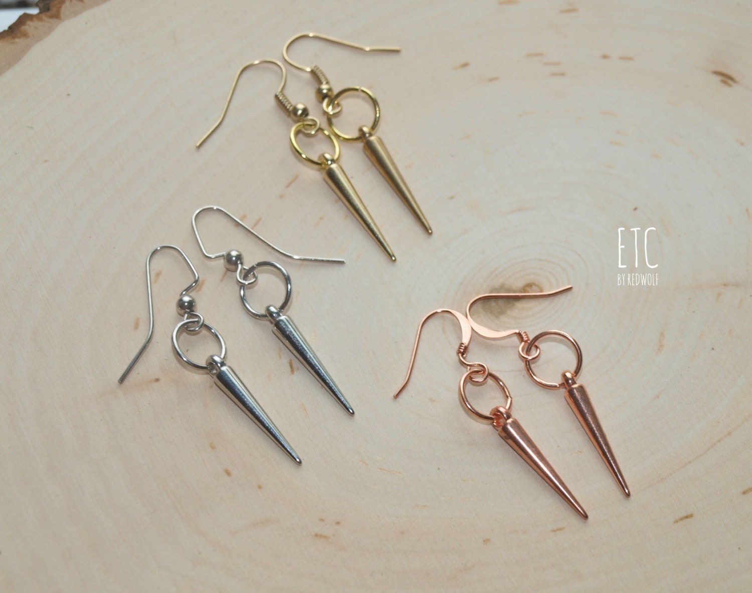 Spike Earrings  THREE PACK of all three metals. Silver ,Copper and Gold spikes.