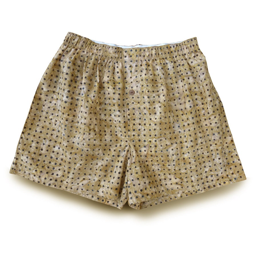 Men's Cotton Batik Boxer Shorts, size M, black dots fabric handmade (U/N001)
