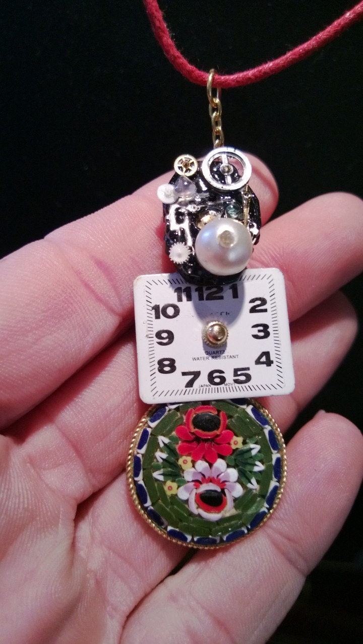 New Life: Time to Restore - steampunk altered art necklace, genuine rough diamond, pearl, emerald, rose quartz, vintage glass mosaic OOAK