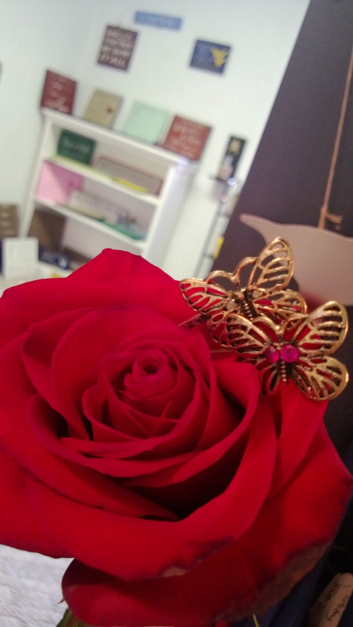 Adorned - Red & Wings of Change: butterfly hair clips perfect for prom or special occasion with genuine red rubies or yellow rough diamonds