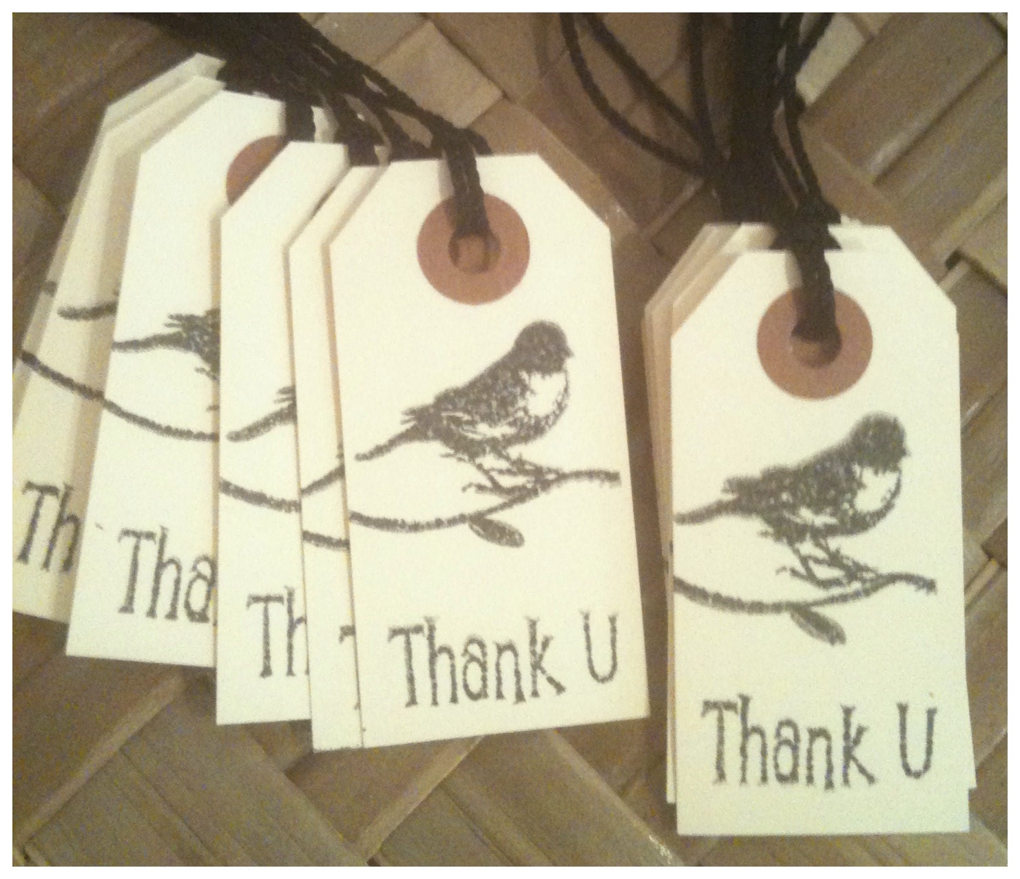 Vintage Bird Handmade Thank You Tags Black Ink Wedding Graduation Birthday Small Heavyweight Manila Tag Set of 12