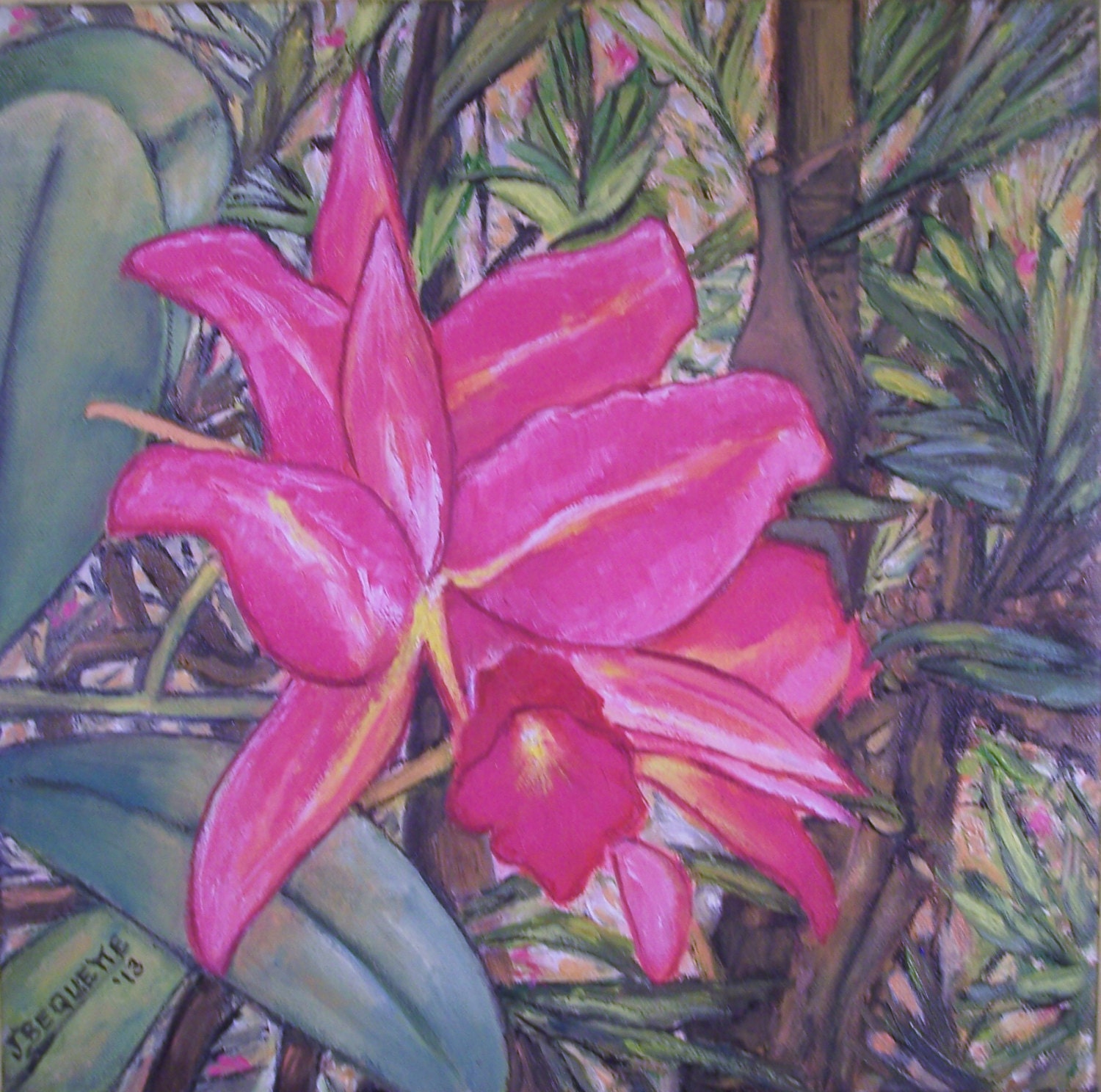 Original Oil Painting 12"x12" Hot Pink Jungle Orchid, Tropical Floral Rain Forest, Red , White, Yellow, Green Flower Garden, Gift Idea
