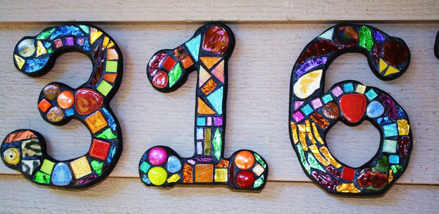 Custom Made Stained Glass / Mixed Media Mosaic House Numbers - Wild & Funky Colors and Shapes