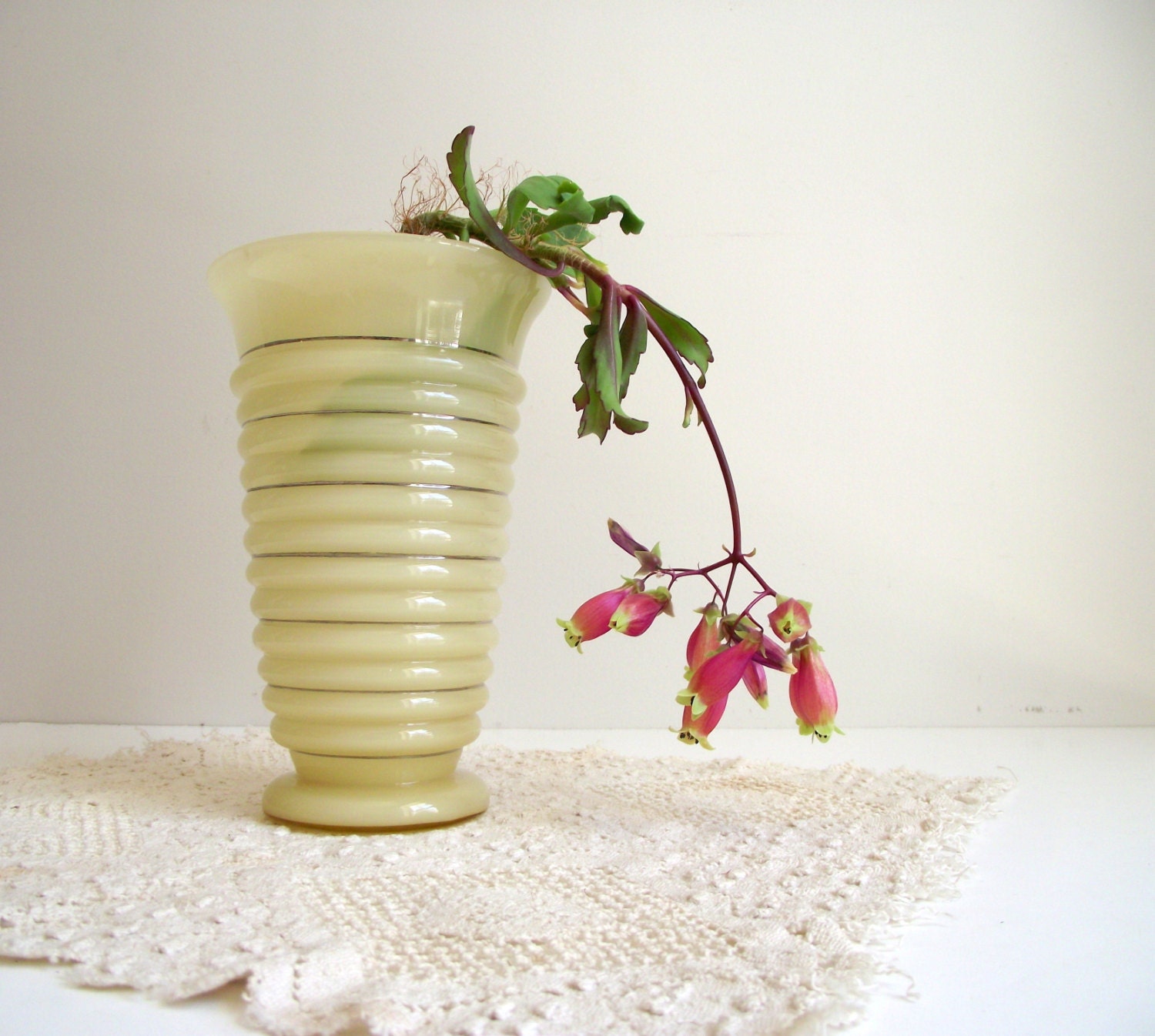 Glass Vase Art Deco Style Ribbed Glass with Silver Stripes