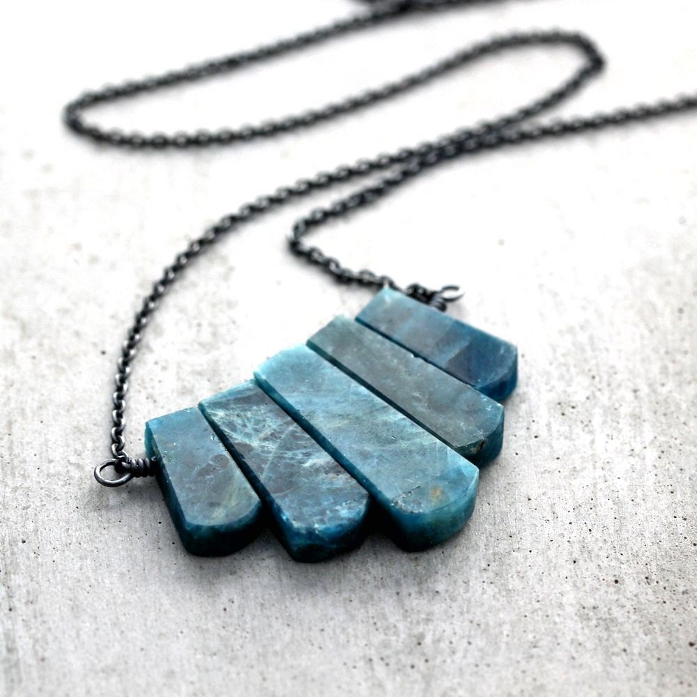 Art Deco Apatite Gemstone Teal Statement Necklace, Ocean Aqua Blue Green Apatite Stone Oxidized Sterling Silver Fan Necklace - Gatsby