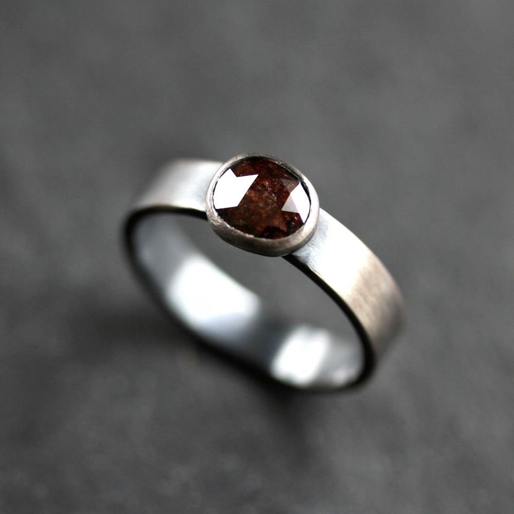 Chocolate Brown Rose Cut Diamond Engagement Ring, Recycled Oxidized Sterling Silver Alternative Engagement Ring or Promise Ring  - US Size 7