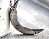 Crescent Moon Necklace, Gunmetal Gray Cratered Moon Indigo Iolite Gemstone Oxidized Sterling Silver Necklace Space Galaxy - Crisium