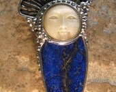 Royal Pendant - Pyretized Ammonite, Carved Bone Face and Lapis Lazuli