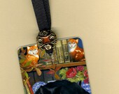 Handmade Bookmark LITERARY CAT from Playing Card with Vintage Button & Grosgrain Ribbon