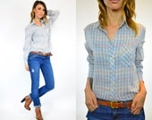 retro STRIPED button down PREPPY plaid GRAPH paper thin long sleeve blouse, extra small-medium