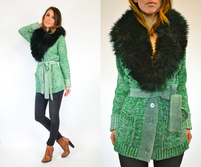 forest green & white BOHEMIAN warm LAMB shearling FUR hippie sweater cardigan, extra small-medium