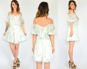 off-the-shoulder blue MOUNTAIN flowers bohemian RUFFLED billowy spring peasant DRESS, extra small-small
