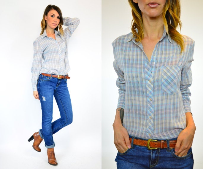 retro STRIPED button down PREPPY plaid GRAPH paper thin long sleeve blouse, extra small-medium