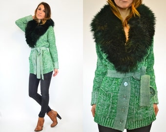 forest green & white BOHEMIAN warm LAMB shearling FUR hippie sweater cardigan, extra small-medium
