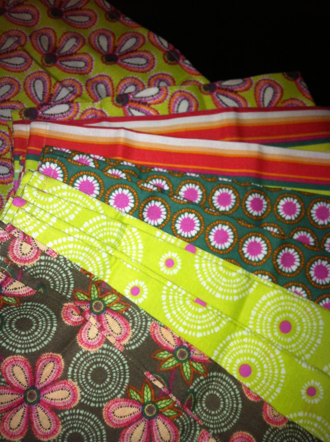 Bright and Bold set of 10 Cloth Napkins in 5 different fabrics. Handmade, Unique and Washable. Florial and Stripes theme.