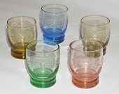 Vintage Etched Cordial or Apertif Shot Glasses, Milti Colored Set of 5 Made in Japan