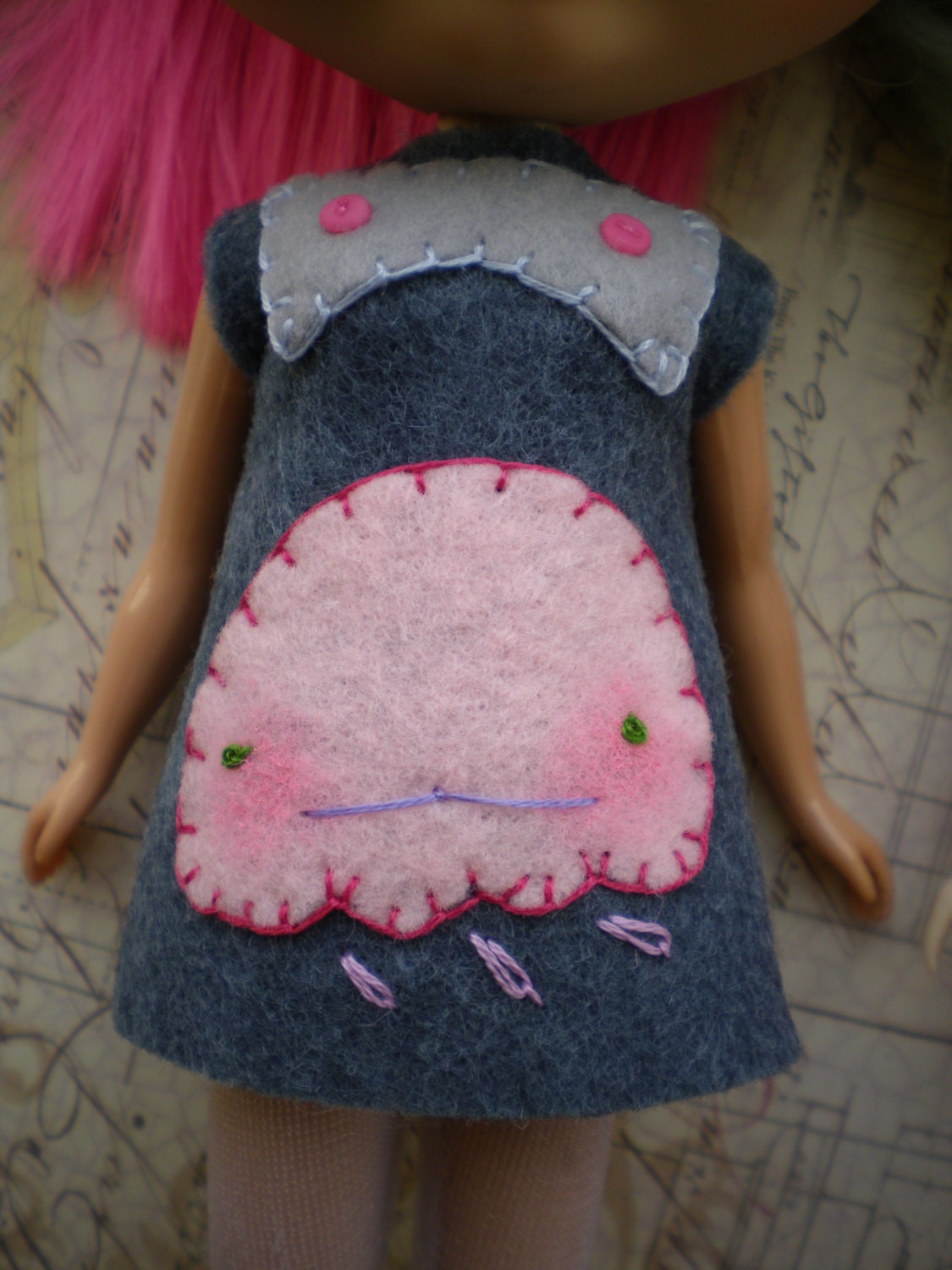 FELT MICRO Mini dress or TOP for Blythe doll Sad Clouds