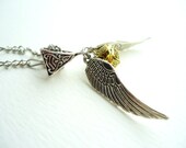 Steampunk Fying Golden Orb With Silver Wings Necklace