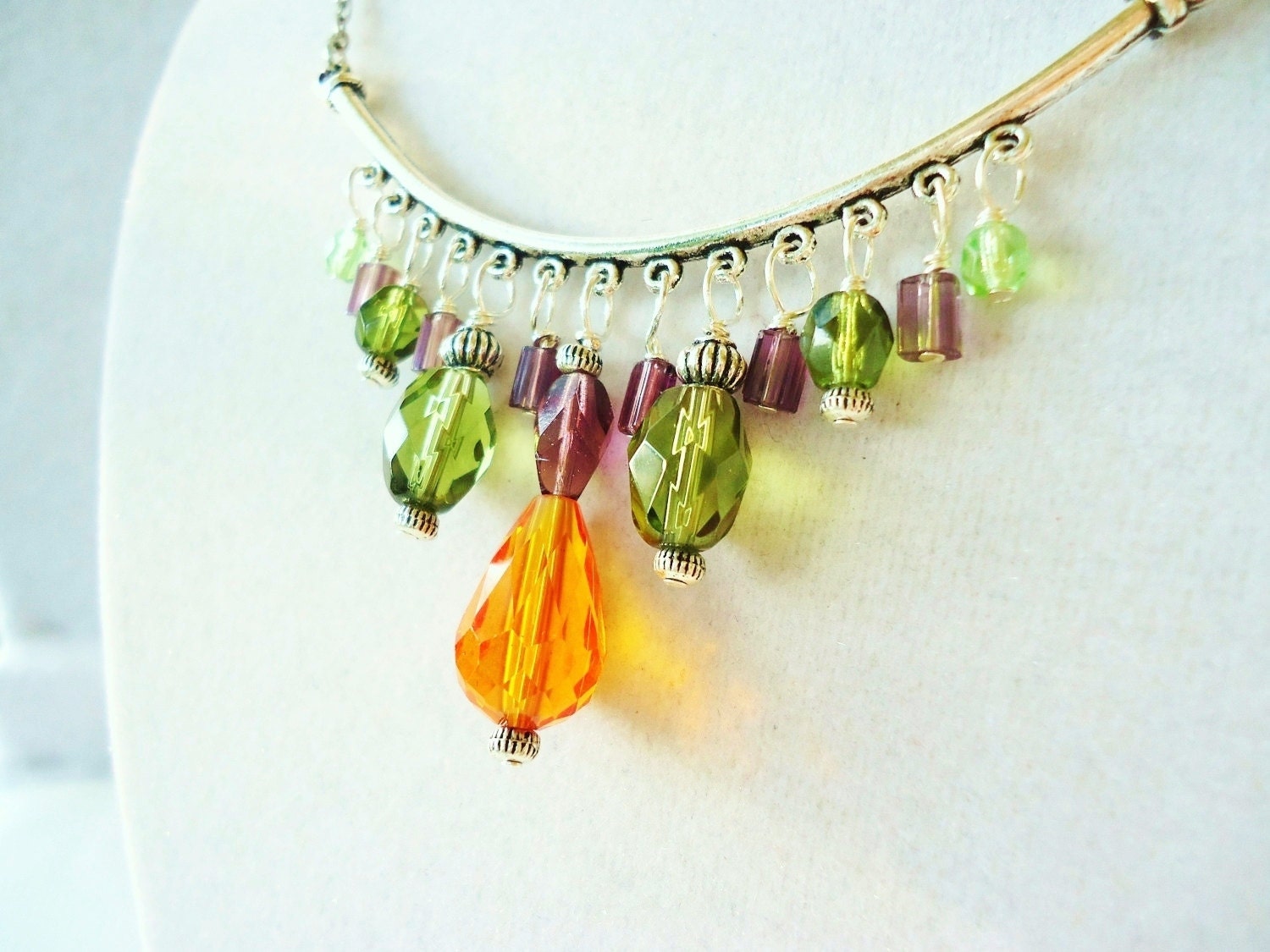Boho Orange Green & Purple Crystal Gypsy Bib Necklace