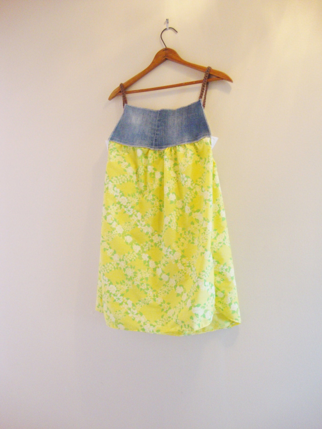Vintage Dress/Womens Top/Maternity Top/ Upcycled Vintage Print in Yellow and Denim/ Womens Sleeveless Dress