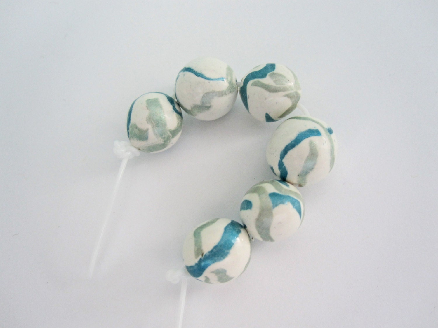White Striped Beads, White,Metallic Blue & Green Round Beads,