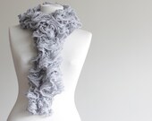 Grey ruffled scarf for women, sashay yarn scarf, hand Knit Ruffled Scarf