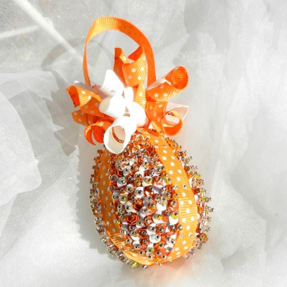 Orange White Easter Egg Beaded Sequins Ornament