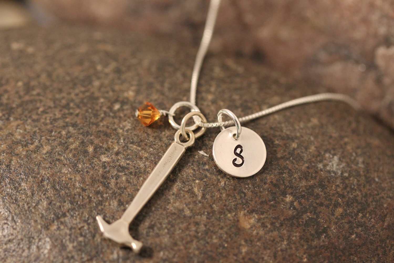Sterling SIlver Mini Initial Hand Stamped Hammer Charm Necklace