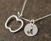 Sterling Silver Mini Initial Hand Stamped Apple Charm Necklace Great Teachers Gift