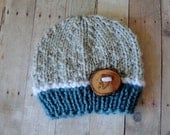 Baby Hat Newborn Beanie in Grey, White and Blue with Beautiful Handmade Wood Button Photo Prop
