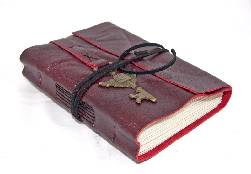 Deep Cherry Red Leather Journal with Winged Clock Key Bookmark