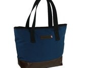 19" Leather Tote Bag NEW:  Slate Blue and Italian Caramel - Tuscan Travel Leather Tote Bag - Handmade in the U.S.A.
