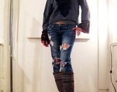 Upcycled Harley Girl Black Lace Top -- Extra Long Sleeves, Goth, Victorian, Sexy, Lacey, Funky, Artsy, Tunics, Women's Clothing, Size S to L