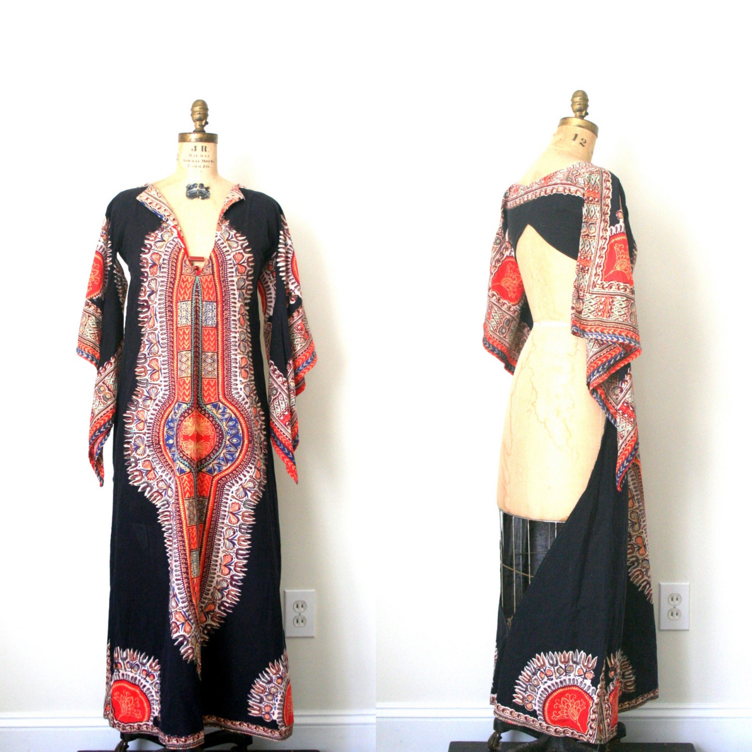 vintage maxi dress BACKLESS DASHIKI kaftan BOHO angel sleeves / hippie / festival