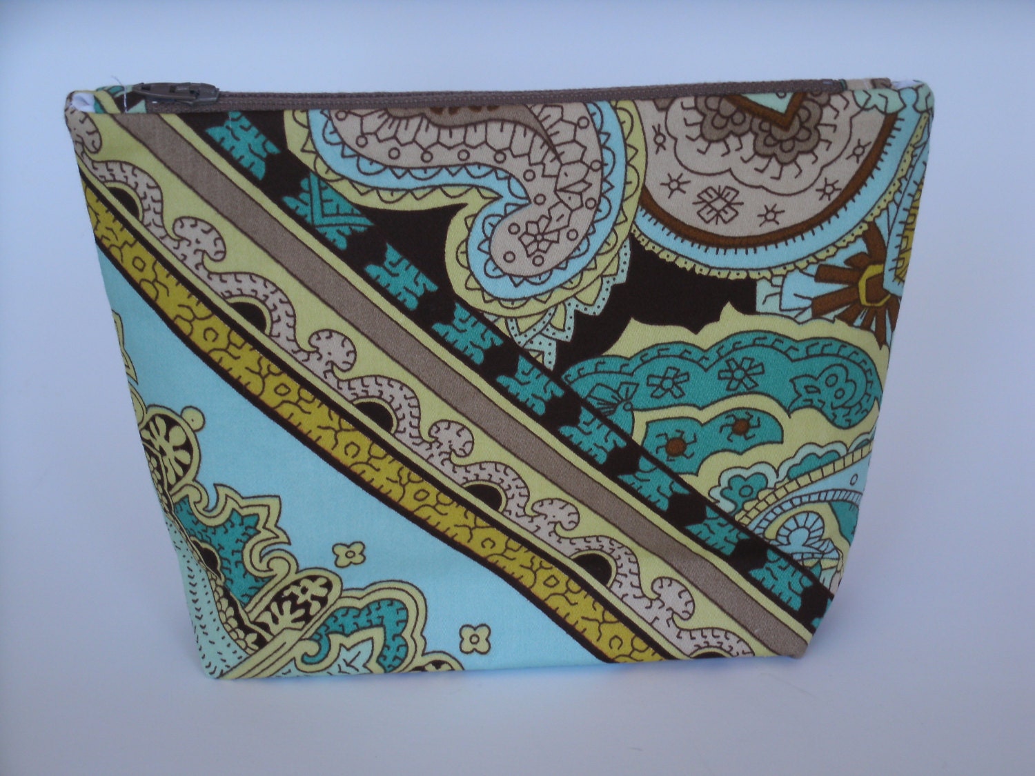 Aqua Brown yellow Paisley Print Cosmetic Bag/Zipper Pouch