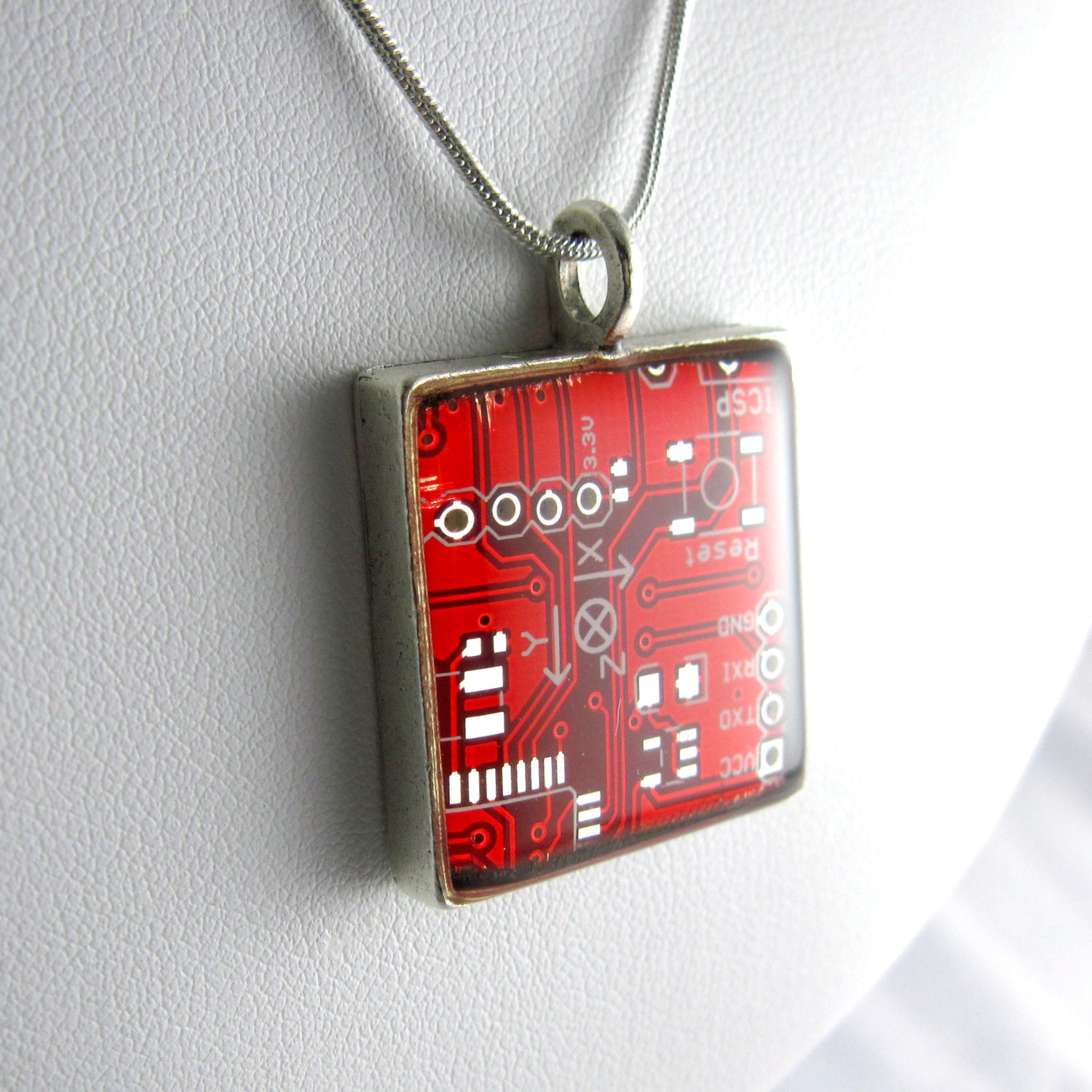 Circuit Board Necklace -- Red, Square Domed - Spicy Geekery
