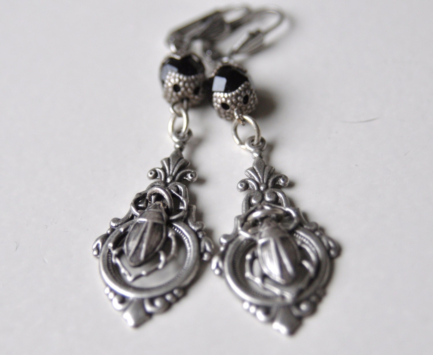 Black Beetle Earrings, Filigree Earrings, Black And Silver Filigree Earrings