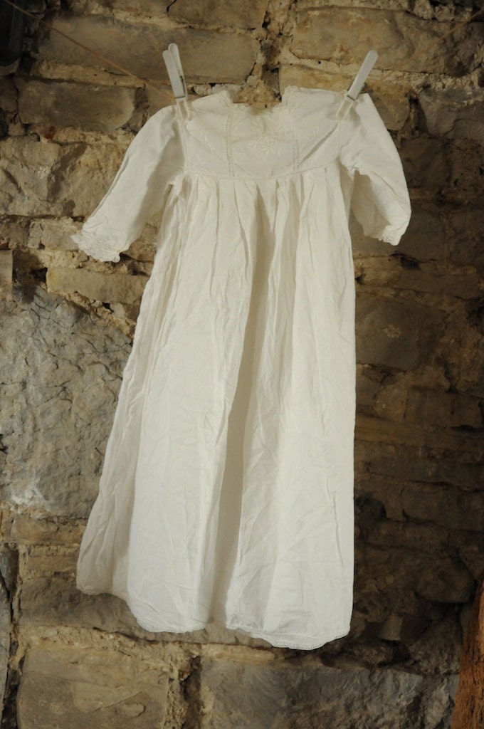 Antique early Victorian Christening gown, Handmade white vintage baby baptism dress with details lace, embroidery long sleeved